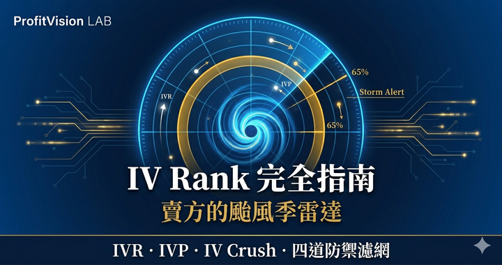 IV Rank 完全指南封面圖：深藍金黃配色，颱風季雷達視覺，ProfitVision LAB