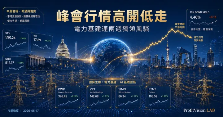 市場動察封面：美中峰會與全球電力基建的地緣政治視覺，深藍金色調，ProfitVision LAB 總體政經觀察系列