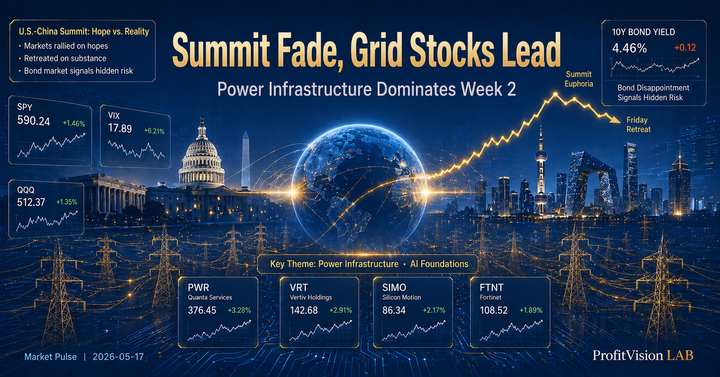 Weekly Market Pulse cover: US-China summit geopolitical visual with global power infrastructure, steel blue gold tones, ProfitVision LAB macro observation series