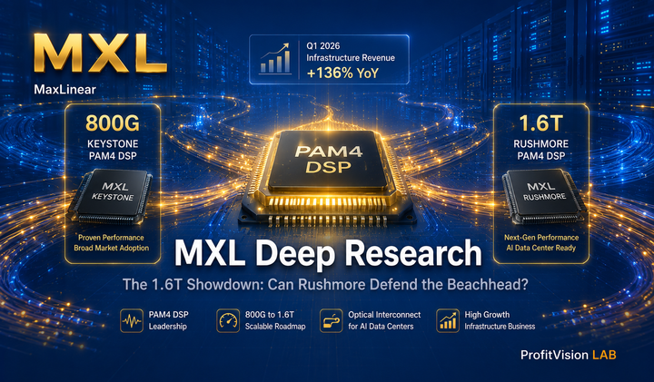 MaxLinear (MXL) Deep Research Cover: Steel blue matrix with Keystone PAM4 DSP signal overlay, ProfitVision LAB Deep Research Series
