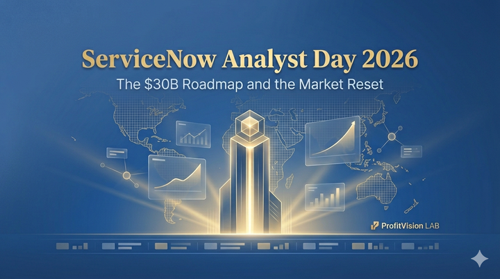 ServiceNow Analyst Day 2026 cover: gold AI Control Tower beacon with global network grid, steel blue editorial design, ProfitVision LAB Macro Observation