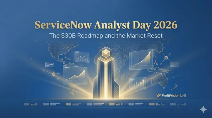 ServiceNow Analyst Day 2026 cover: gold AI Control Tower beacon with global network grid, steel blue editorial design, ProfitVision LAB Macro Observation