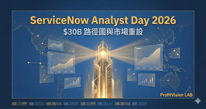 ServiceNow Analyst Day 2026 觀點封面:金色 AI Control Tower 中央光柱與全球連結網路,深藍冷色調,ProfitVision LAB 總體政經觀察系列