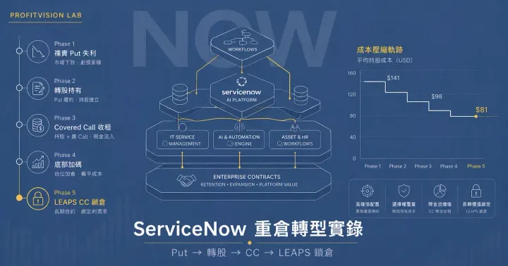 ServiceNow（NOW）重倉轉型封面：企業 SaaS 工作流等角線稿、五階段建倉時間軸與成本壓縮曲線，中等鋼藍金色調，ProfitVision LAB 個股深度研究系列