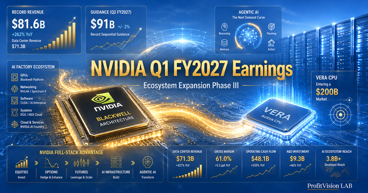NVIDIA (NVDA) Q1 FY2027 earnings cover: Blackwell GPU and Vera CPU 3D tech visual, gold light trails, steel blue tone, ProfitVision LAB earnings analysis series