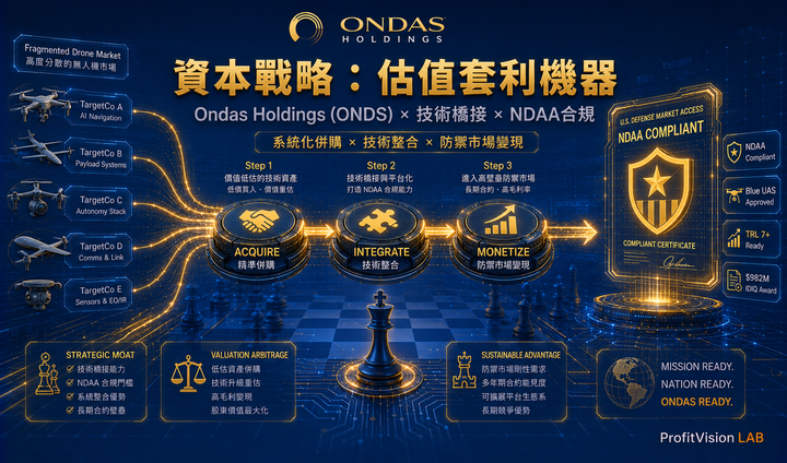 ONDS 深度研究下篇封面：Ondas Capital技術橋樑、國防採購、掠奪式併購，深藍金色，ProfitVision LAB 個股深度研究系列