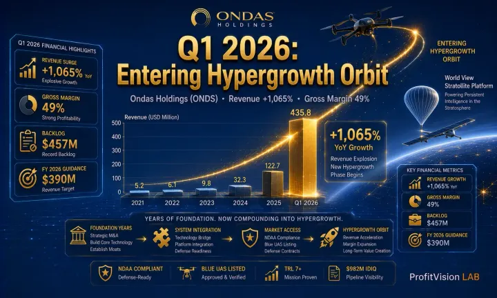 Ondas Holdings (ONDS) Q1 2026 Earnings Cover: +1,065% revenue growth, 49% GM, $457M backlog explosion, blue-gold 3D tech, ProfitVision LAB Deep Research Series