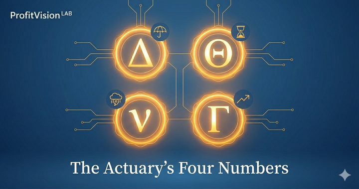 Options Greeks guide banner: four Greek letters Delta Theta Vega Gamma in navy and gold, actuary's framework visual, ProfitVision LAB