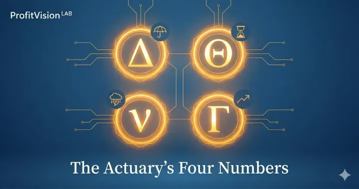 Options Greeks guide banner: four Greek letters Delta Theta Vega Gamma in navy and gold, actuary's framework visual, ProfitVision LAB