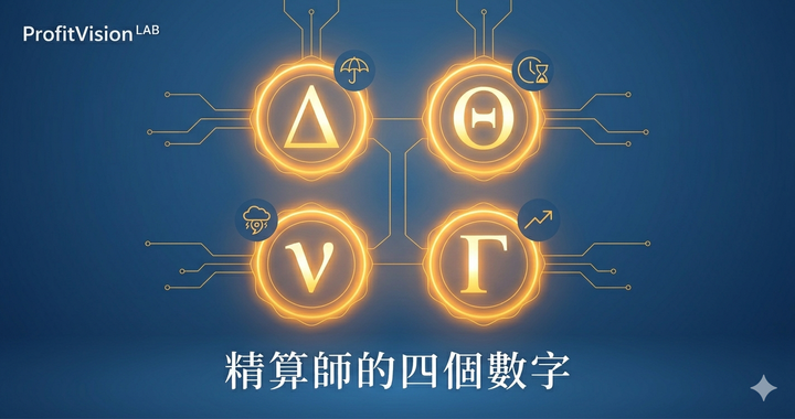 選擇權 Greeks 完全指南封面圖：深藍金黃配色，精算師四個數字視覺，ProfitVision LAB