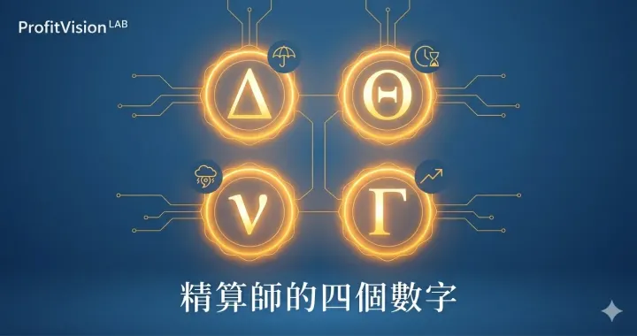 選擇權 Greeks 完全指南封面圖：深藍金黃配色，精算師四個數字視覺，ProfitVision LAB