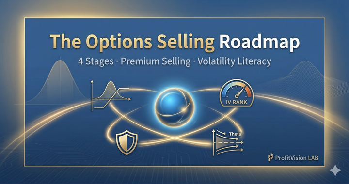 Options selling roadmap cover: IV rank gauge, payoff curve, risk shield and Theta decay icons with gold light, ProfitVision LAB Trading System SOP series