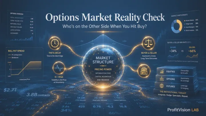 Options market structure cover: buyer vs seller win rates, Theta decay, IV surface and institutional toolbox, ProfitVision LAB Trading System SOP series