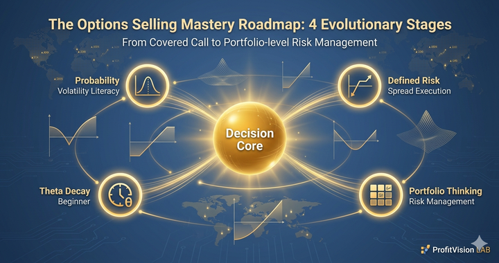 Options Seller Roadmap cover: four-stage orbital nodes — Theta Decay, Probability, Bull Put Spread, Portfolio Thinking — ProfitVision LAB SOP Series