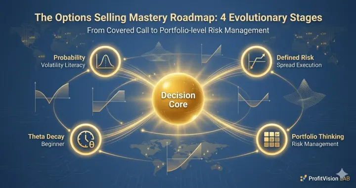 Options Seller Roadmap cover: four-stage orbital nodes — Theta Decay, Probability, Bull Put Spread, Portfolio Thinking — ProfitVision LAB SOP Series