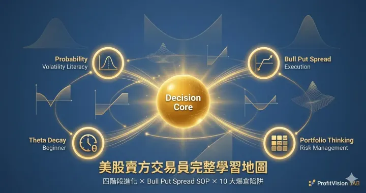 美股賣方交易員四階段學習地圖封面：選擇權策略決策核心與 Bull Put Spread 光效示意圖，ProfitVision LAB 交易系統SOP系列
