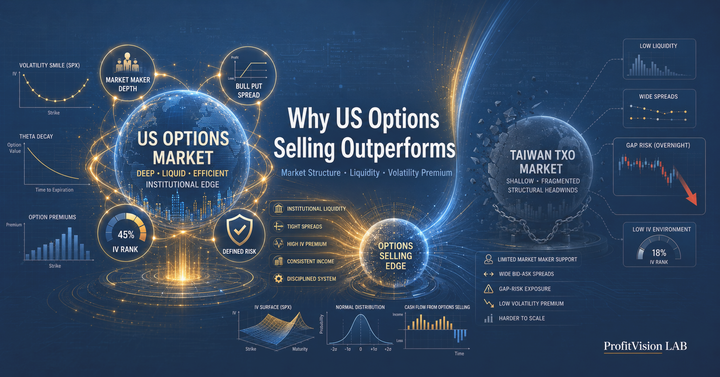 US vs Taiwan Options Market Strategy Cover: Institutional liquidity ecosystem vs gap-risk contrast, steel blue gold palette, ProfitVision LAB Options Strategy Series