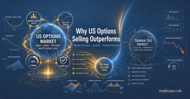 US vs Taiwan Options Market Strategy Cover: Institutional liquidity ecosystem vs gap-risk contrast, steel blue gold palette, ProfitVision LAB Options Strategy Series