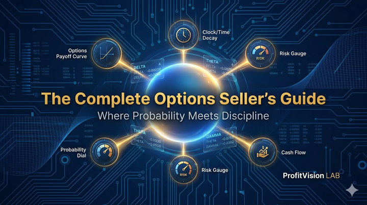 Options selling strategy guide banner: navy and gold brand colors, probability-based framework visual, ProfitVision LAB