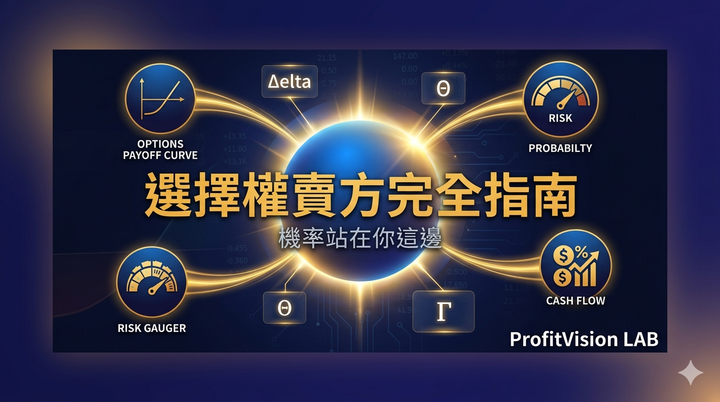 選擇權賣方完全指南封面圖：深藍金黃配色，賣方框架視覺呈現，ProfitVision LAB