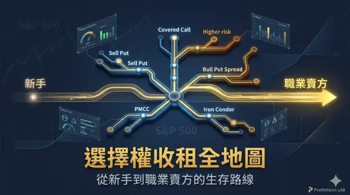選擇權收租策略全地圖封面：五大策略族群與賣方生存路線視覺，深藍金色調，ProfitVision LAB 交易系統SOP系列