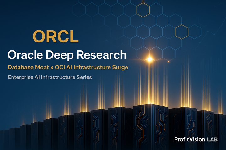 Oracle (ORCL) Deep Research: database empire to AI cloud cluster, navy blue and red visualization, OCI infrastructure, ProfitVision LAB series