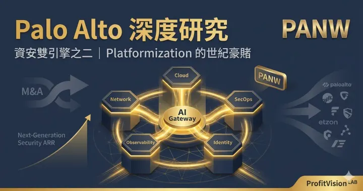 PANW 深度研究封面：五平台整合戰略，中央 AI Gateway 連結 Strata Prisma Cortex CyberArk Chronosphere