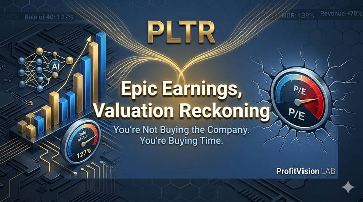 Palantir (PLTR) Deep Research cover: dual-panel contrast of earnings blowout vs. valuation reckoning, steel blue and gold, ProfitVision LAB Deep Research Series