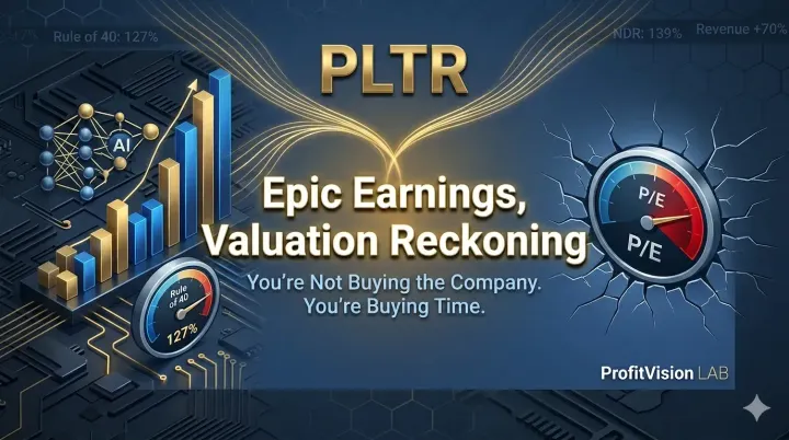 Palantir (PLTR) Deep Research cover: dual-panel contrast of earnings blowout vs. valuation reckoning, steel blue and gold, ProfitVision LAB Deep Research Series