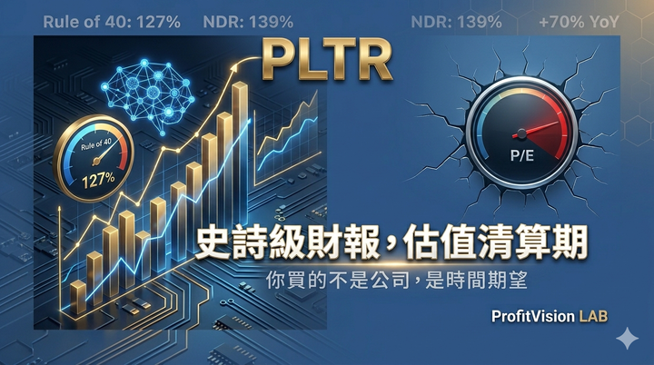 Palantir PLTR 財報深度研究封面圖，深藍背景搭配金色標題，史詩級財報與估值清算主題，ProfitVision LAB 個股深度研究系列