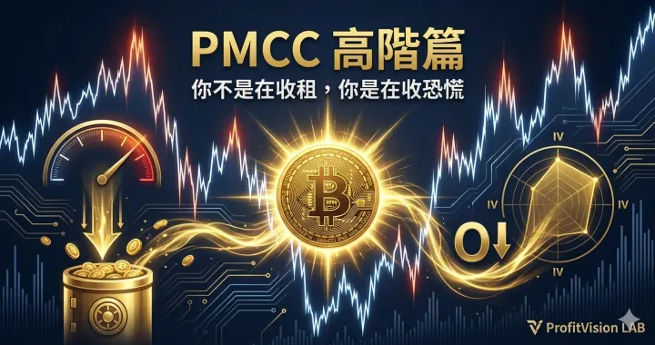 PMCC 高階篇封面：IBIT 比特幣 ETF 波動載體與恐慌溢價策略，高 IV 選擇權結構圖示，ProfitVision LAB 交易系統SOP系列