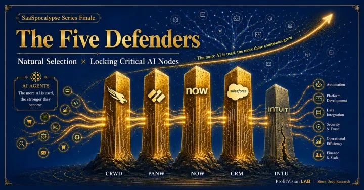 Five Defenders series finale: five pillars natural selection, four gold AI-node pillars thriving, one uncertain, deep navy and gold, ProfitVision LAB Stock Deep Research