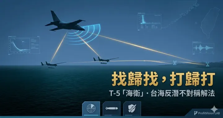 找歸找打歸打封面：T-5 海衛噴射機雷達掃描台灣海峽、Link-22 數據鏈連結無人僚機與岸基防空的戰術視覺，ProfitVision LAB 台灣防衛轉型系列