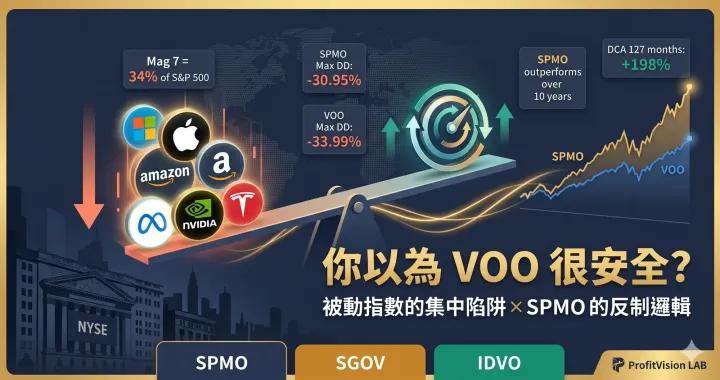 SPMO 動能 ETF 對比 VOO 資產配置封面：被動指數 Magnificent 7 集中風險與動能旋轉機制的金融視覺對比，深藍金色調，ProfitVision LAB 資產配置系列