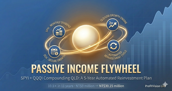 Passive Income Flywheel cover: gold flywheel sphere with SPYI QQQI dividend streams flowing into QLD USD growth engine, ProfitVision LAB strategy series