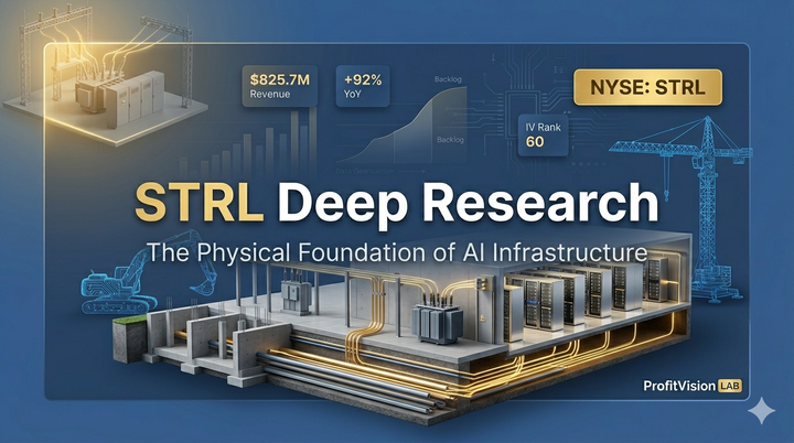 Sterling Infrastructure (STRL) Deep Research: AI data center civil & electrical 3D visual, steel blue gold tones, ProfitVision LAB Deep Research Series