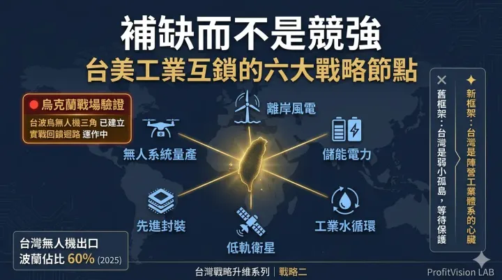 台灣戰略升維系列戰略二封面：台美工業互鎖六大節點，無人機供應鏈地圖，深藍金色調，ProfitVision LAB 機構研究