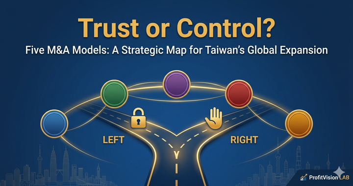 Trust-based M&A series intro cover: five M&A model strategic map with trust vs control path fork, deep navy gold palette, ProfitVision LAB Management Series