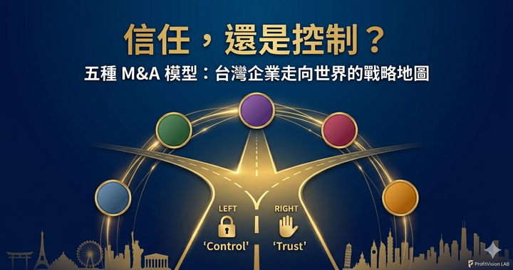 信任型 M&A 系列總論封面：五種併購模型戰略地圖，信任與控制的路徑分叉，深藍金色調，ProfitVision LAB 企業管理系列
