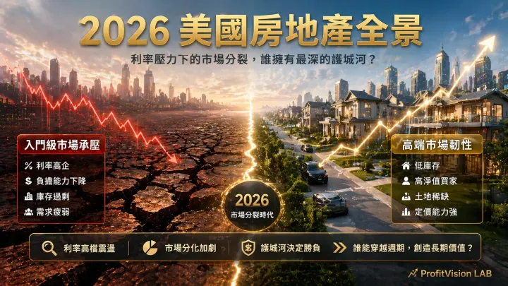 美國房地產全景分析封面：2026 房市撕裂產業地圖，四大建商比較視覺，深藍金色調，ProfitVision LAB 個股深度研究系列