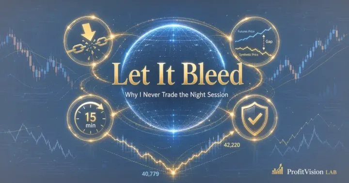 Night session trading discipline cover: stop-loss cascade, arbitrage gap mechanics and system core visual, steel blue gold palette, ProfitVision LAB Trading System SOP Series