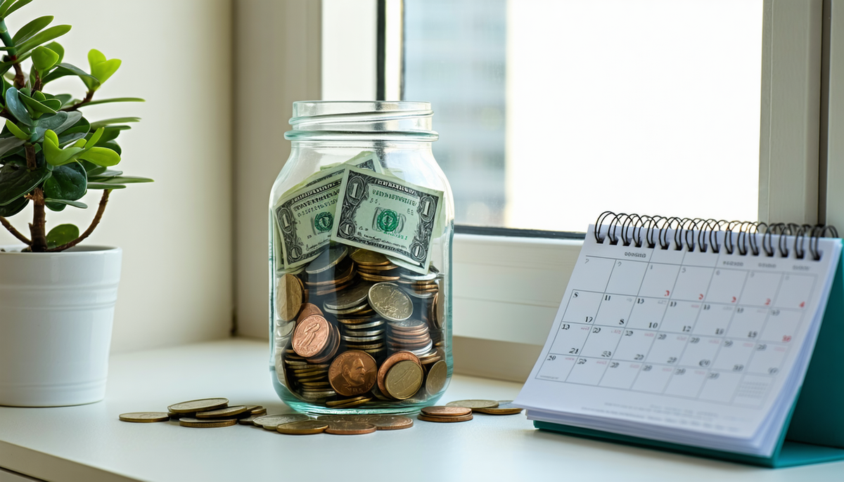 Illustration of a savings jar, calendar, and flexible income