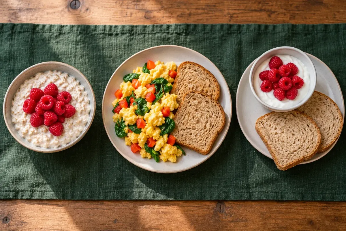 Recipe illustration showing oats with yogurt and raspberries, scrambled eggs with vegetables and two toast slices, and yogurt with raspberries and two bread slices.