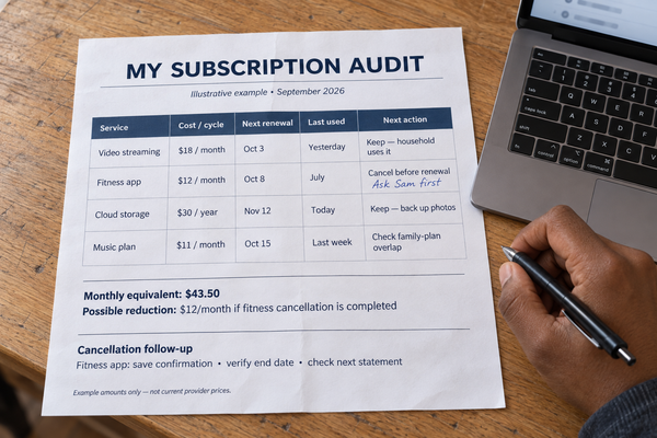 Illustrative subscription audit worksheet with costs, renewal dates, last use, decisions and cancellation follow-up.