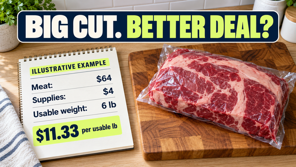 Packaged beef roast beside a fictional cost comparison: $64 meat plus $4 supplies divided by 6 usable pounds equals $11.33 per pound.