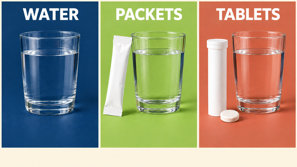 Bold visual comparison of water, electrolyte packets, and tablets