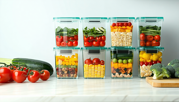 Colorful meal prep containers with fresh ingredients arranged on a kitchen counter