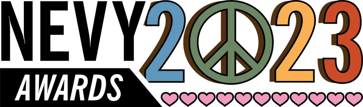 AWARDS 2023 graphic with a peace sign replacing the zero and a row of pink hearts below.