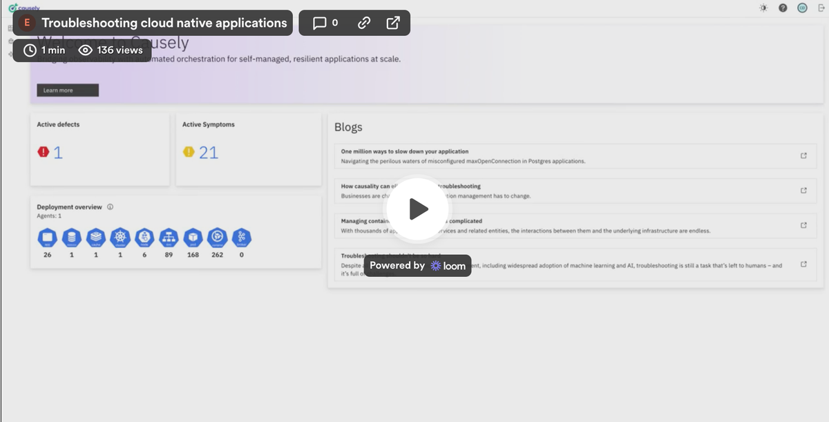 A web page titled "Troubleshooting cloud native applications" showing active defects, deployment overview, and blogs section.