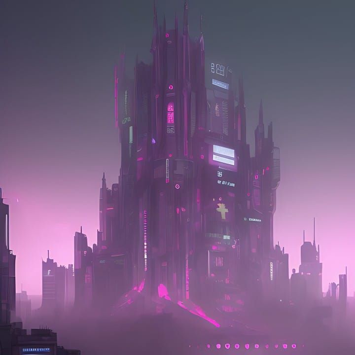 Futuristic cityscape with a towering neon-lit building surrounded by fog. The structure features pink and purple lights, with